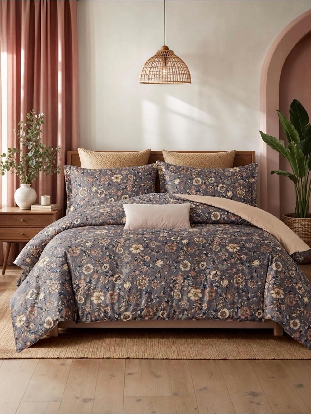 NEW Anthropologie Purple Floral Silky Queen / King Comforter Bedding & Sham Set